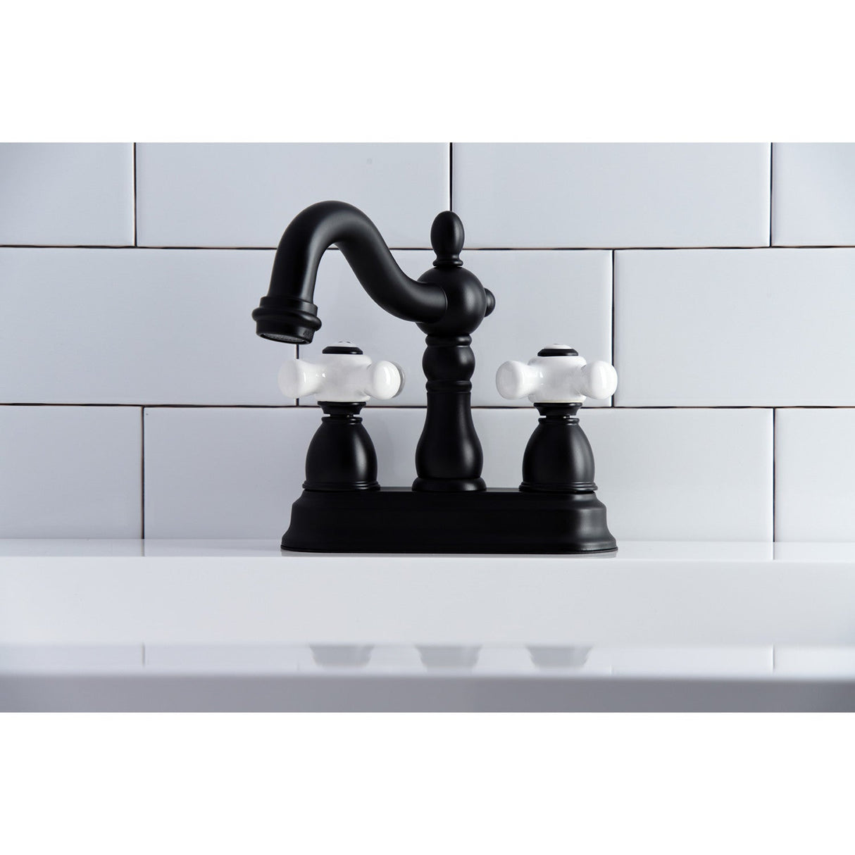 Heritage KB1600PX Two-Handle 3-Hole Deck Mount 4" Centerset Bathroom Faucet with Plastic Pop-Up, Matte Black