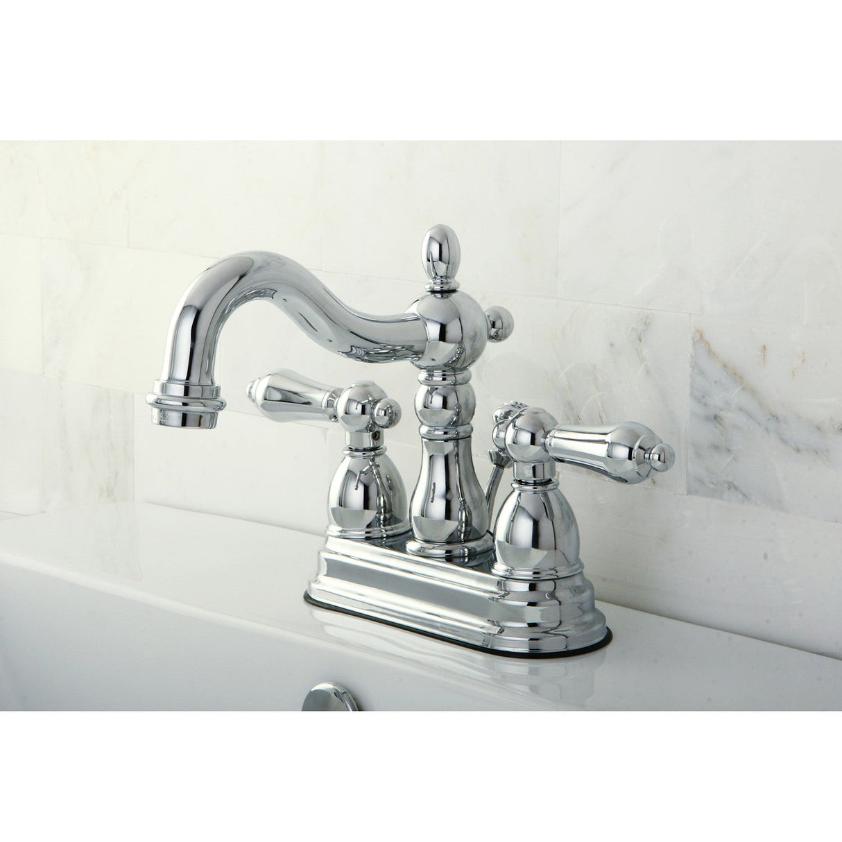 Heritage KB1601AL Two-Handle 3-Hole Deck Mount 4" Centerset Bathroom Faucet with Plastic Pop-Up, Polished Chrome