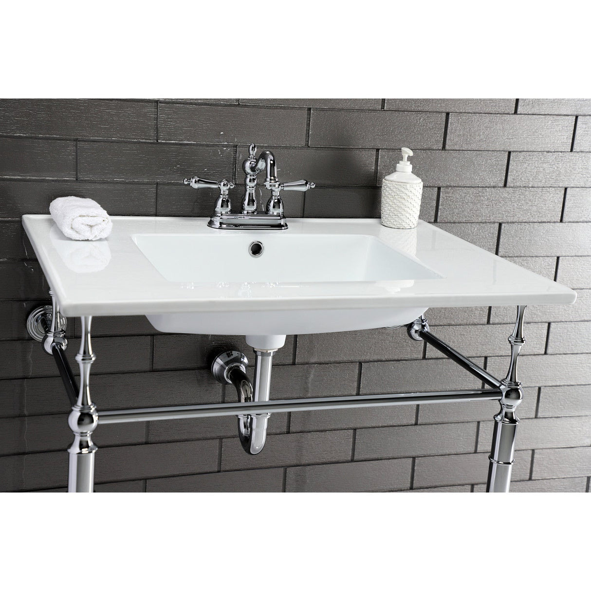 Heritage KB1601AL Two-Handle 3-Hole Deck Mount 4" Centerset Bathroom Faucet with Plastic Pop-Up, Polished Chrome