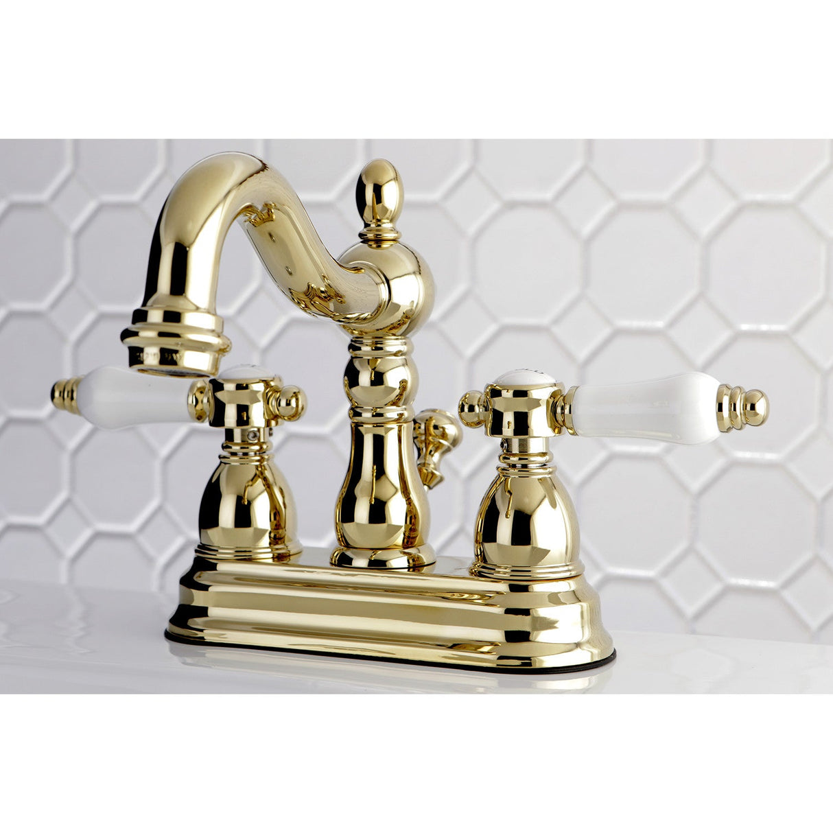 Bel-Air KB1602BPL Two-Handle 3-Hole Deck Mount 4" Centerset Bathroom Faucet with Plastic Pop-Up, Polished Brass