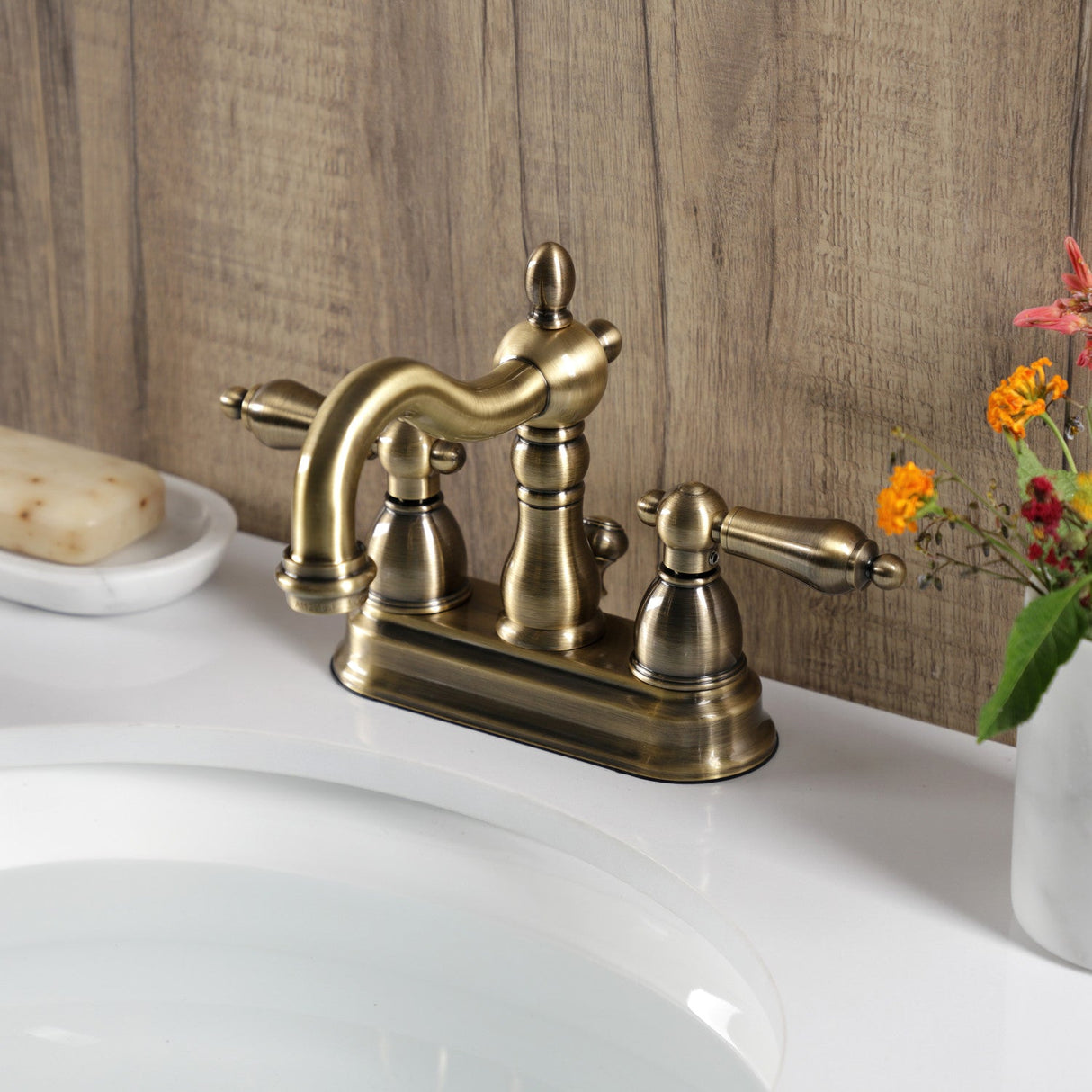 Heritage KB1603AL Two-Handle 3-Hole Deck Mount 4" Centerset Bathroom Faucet with Plastic Pop-Up, Antique Brass