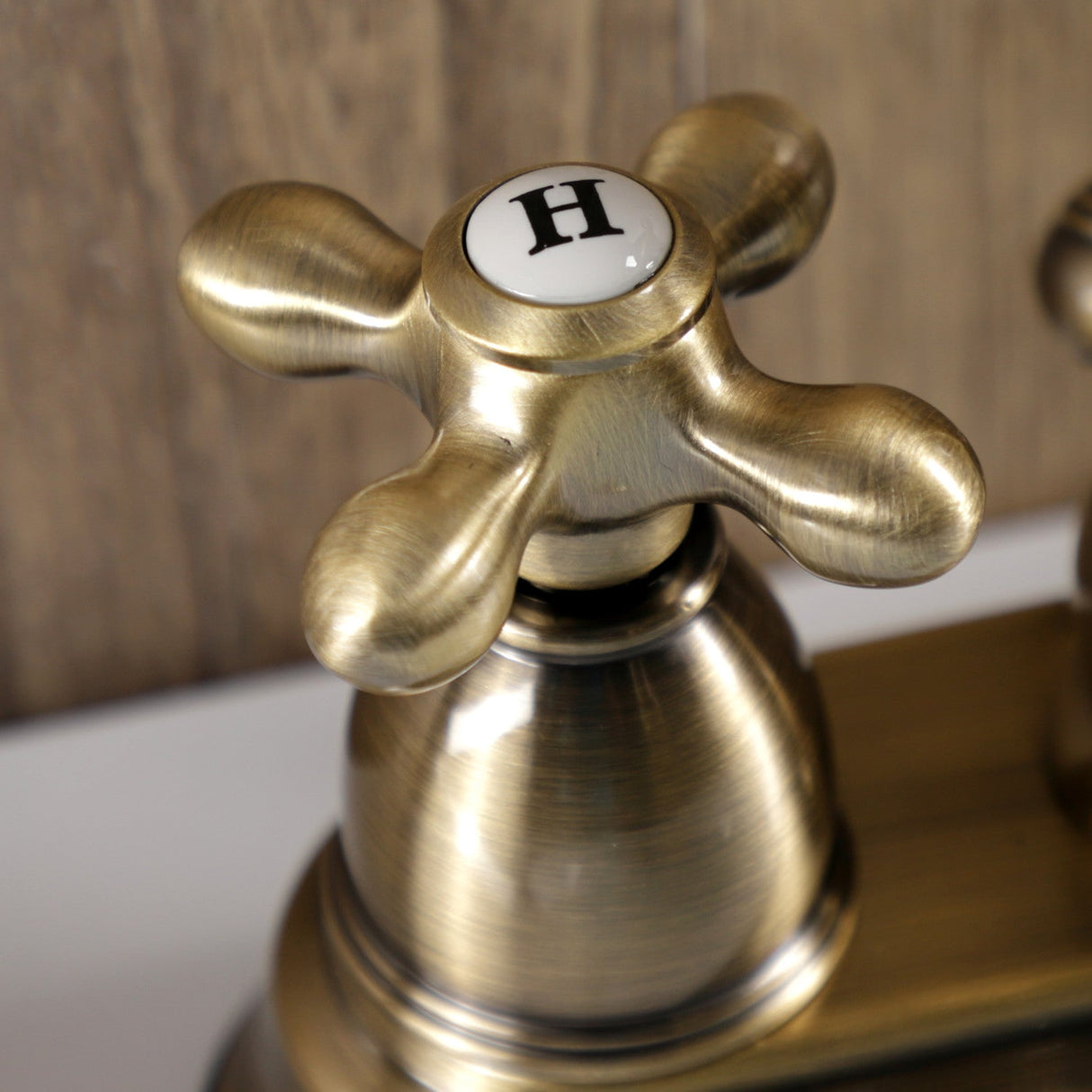 Heritage KB1603AX Two-Handle 3-Hole Deck Mount 4" Centerset Bathroom Faucet with Plastic Pop-Up, Antique Brass