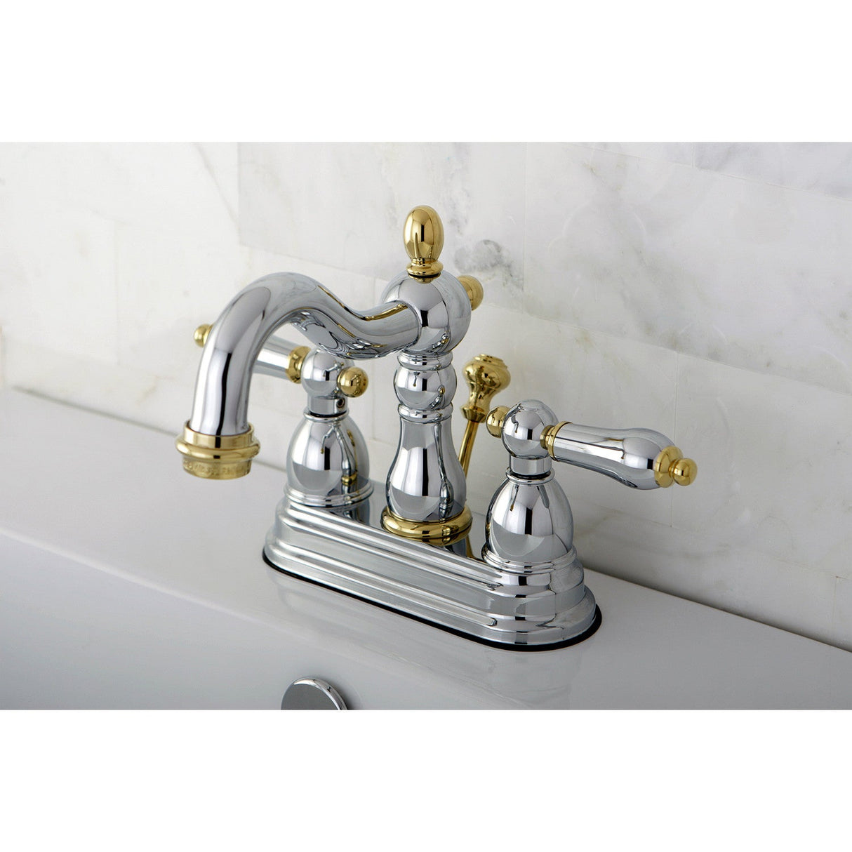 Heritage KB1604AL Two-Handle 3-Hole Deck Mount 4" Centerset Bathroom Faucet with Plastic Pop-Up, Polished Chrome/Polished Brass