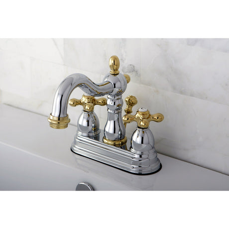 Heritage KB1604AX Two-Handle 3-Hole Deck Mount 4" Centerset Bathroom Faucet with Plastic Pop-Up, Polished Chrome/Polished Brass