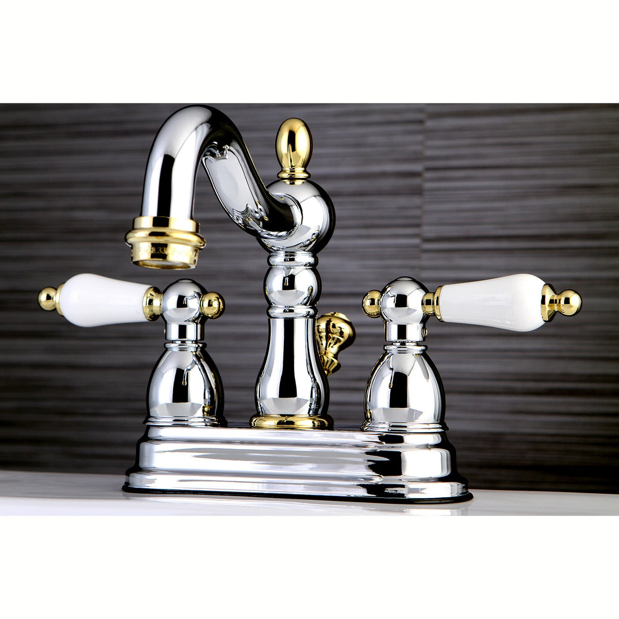 Heritage KB1604PL Two-Handle 3-Hole Deck Mount 4" Centerset Bathroom Faucet with Plastic Pop-Up, Polished Chrome/Polished Brass