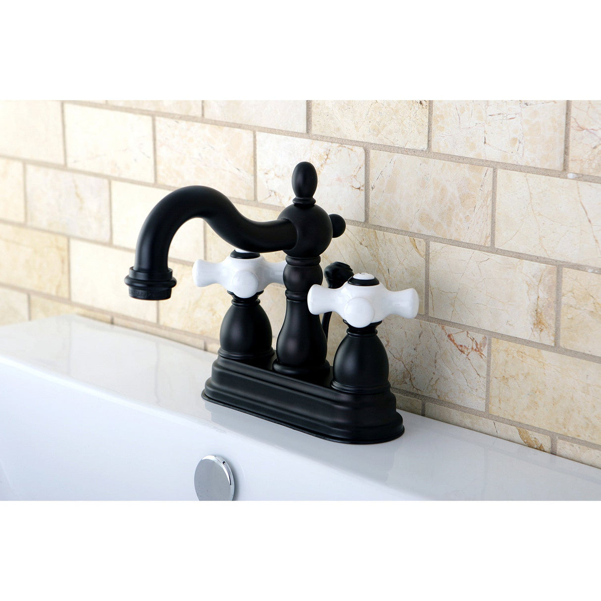 Heritage KB1605PX Two-Handle 3-Hole Deck Mount 4" Centerset Bathroom Faucet with Plastic Pop-Up, Oil Rubbed Bronze