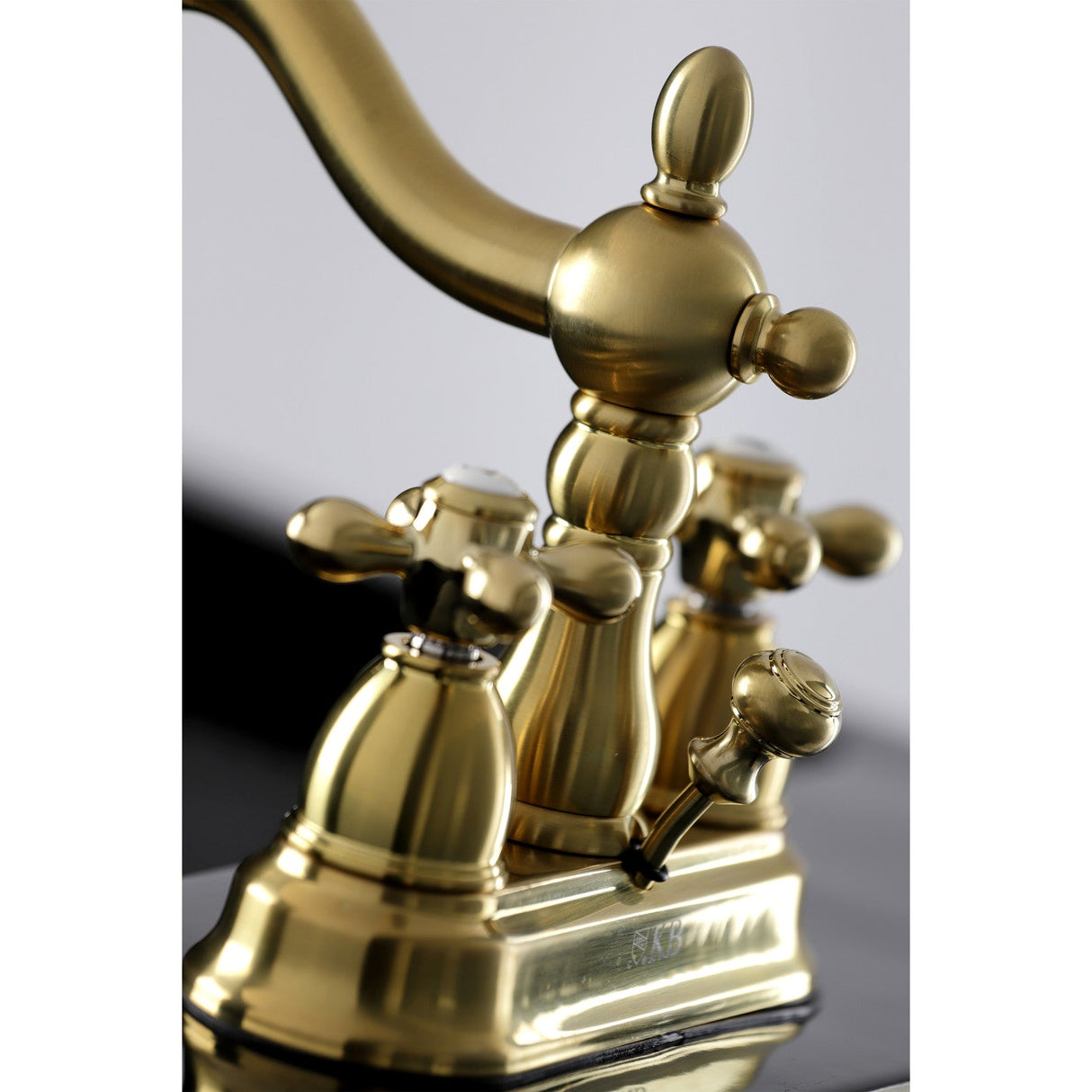 Heritage KB1607AX Two-Handle 3-Hole Deck Mount 4" Centerset Bathroom Faucet with Plastic Pop-Up, Brushed Brass