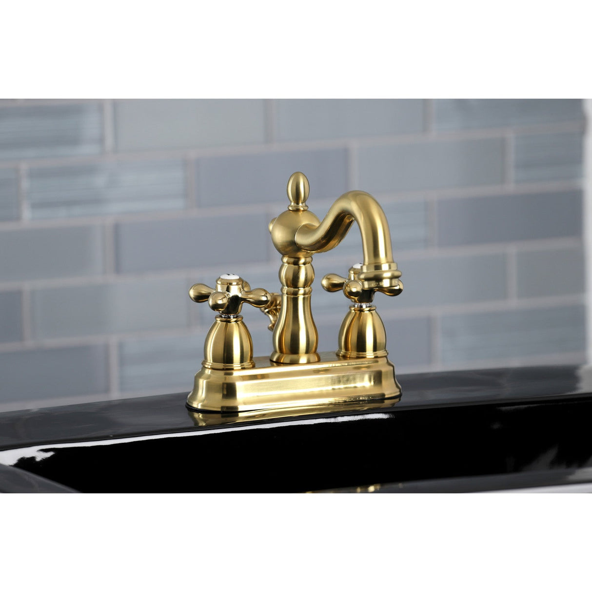 Heritage KB1607AX Two-Handle 3-Hole Deck Mount 4" Centerset Bathroom Faucet with Plastic Pop-Up, Brushed Brass