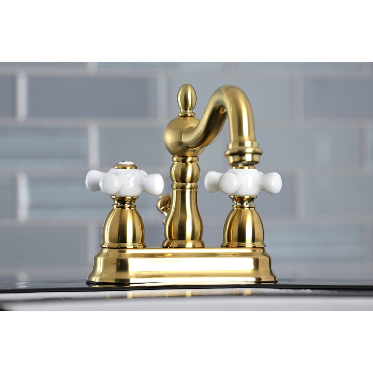 Heritage KB1607PX Two-Handle 3-Hole Deck Mount 4" Centerset Bathroom Faucet with Plastic Pop-Up, Brushed Brass