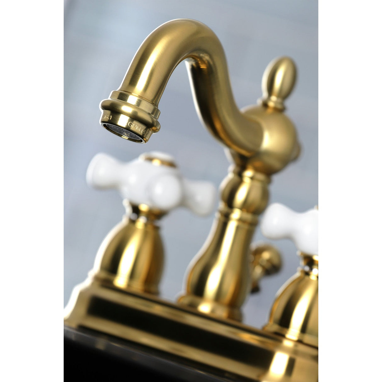 Heritage KB1607PX Two-Handle 3-Hole Deck Mount 4" Centerset Bathroom Faucet with Plastic Pop-Up, Brushed Brass