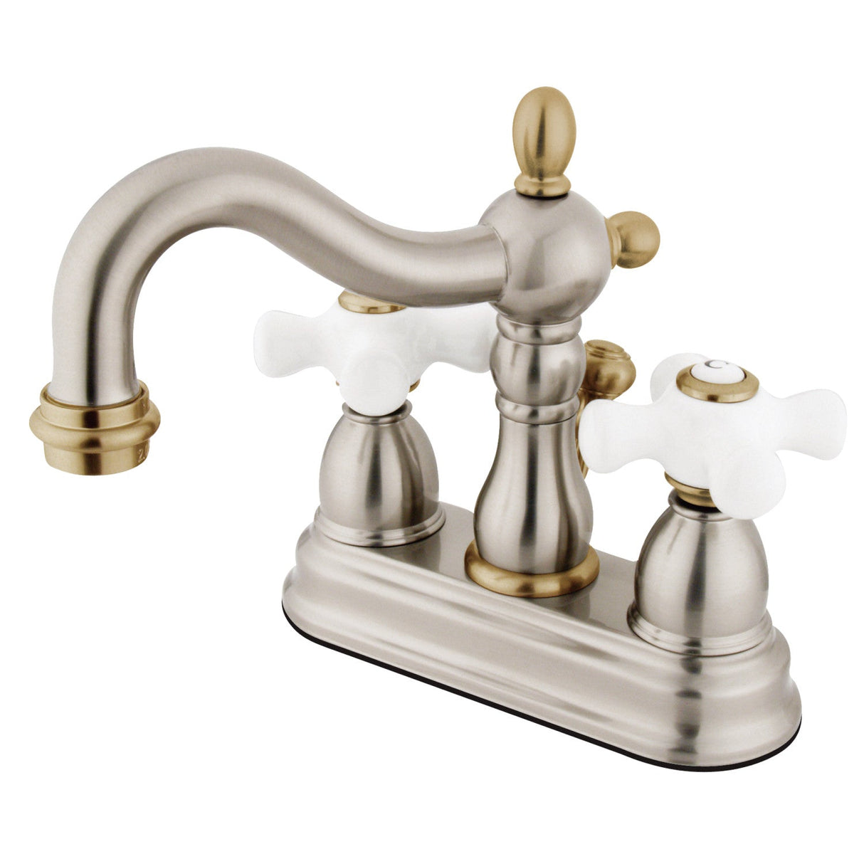 Heritage KB1609PX Two-Handle 3-Hole Deck Mount 4" Centerset Bathroom Faucet with Plastic Pop-Up, Brushed Nickel/Polished Brass