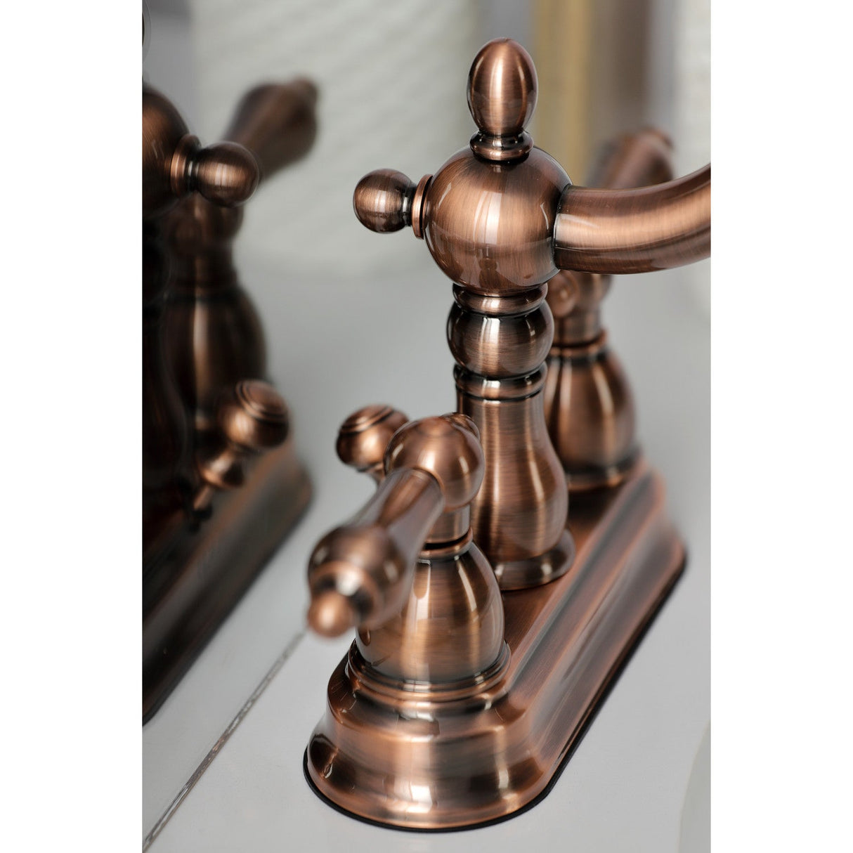 Heritage KB160ALAC Two-Handle 3-Hole Deck Mount 4" Centerset Bathroom Faucet with Plastic Pop-Up, Antique Copper