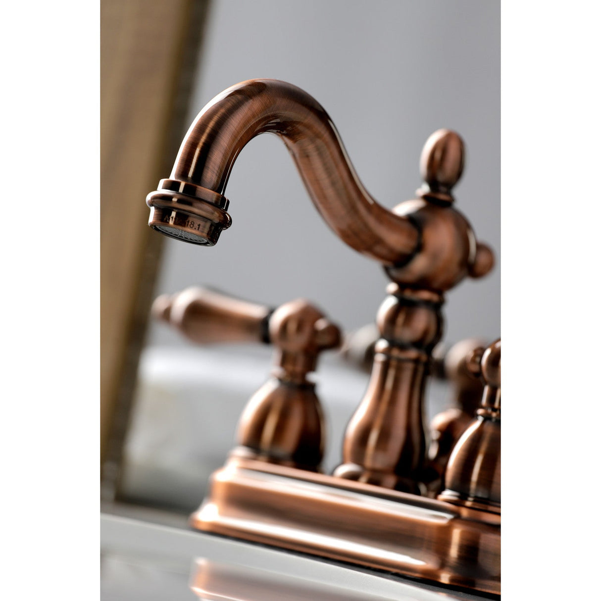 Heritage KB160ALAC Two-Handle 3-Hole Deck Mount 4" Centerset Bathroom Faucet with Plastic Pop-Up, Antique Copper