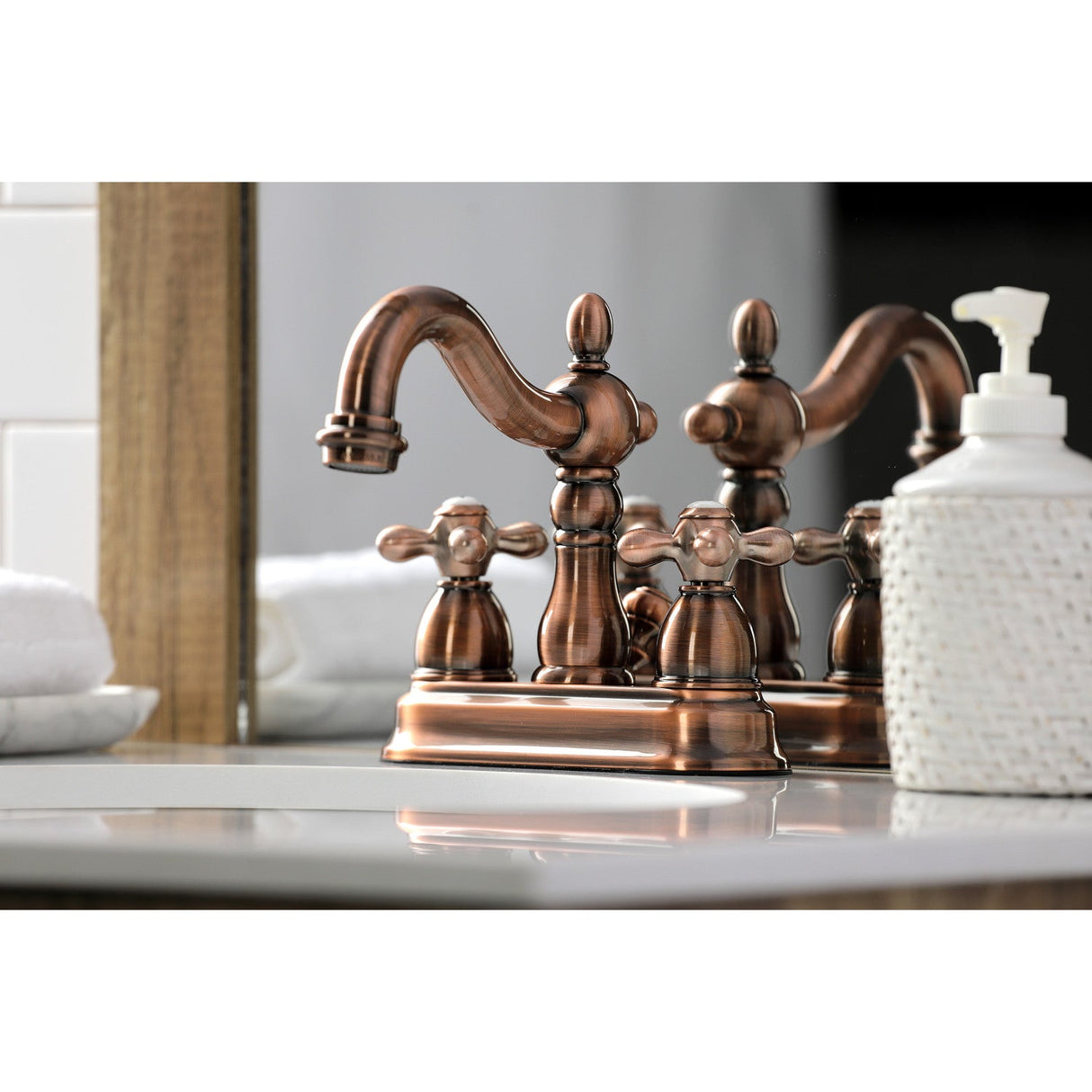 Heritage KB160AXAC Two-Handle 3-Hole Deck Mount 4" Centerset Bathroom Faucet with Plastic Pop-Up, Antique Copper