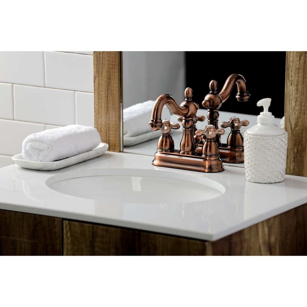 Heritage KB160AXAC Two-Handle 3-Hole Deck Mount 4" Centerset Bathroom Faucet with Plastic Pop-Up, Antique Copper