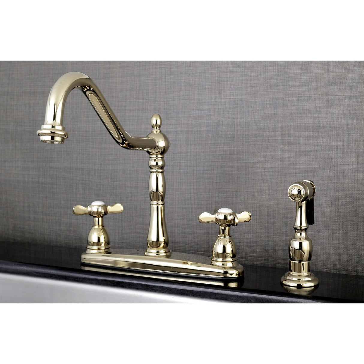 Essex KB1752BEXBS Two-Handle 4-Hole Deck Mount 8" Centerset Kitchen Faucet with Side Sprayer, Polished Brass