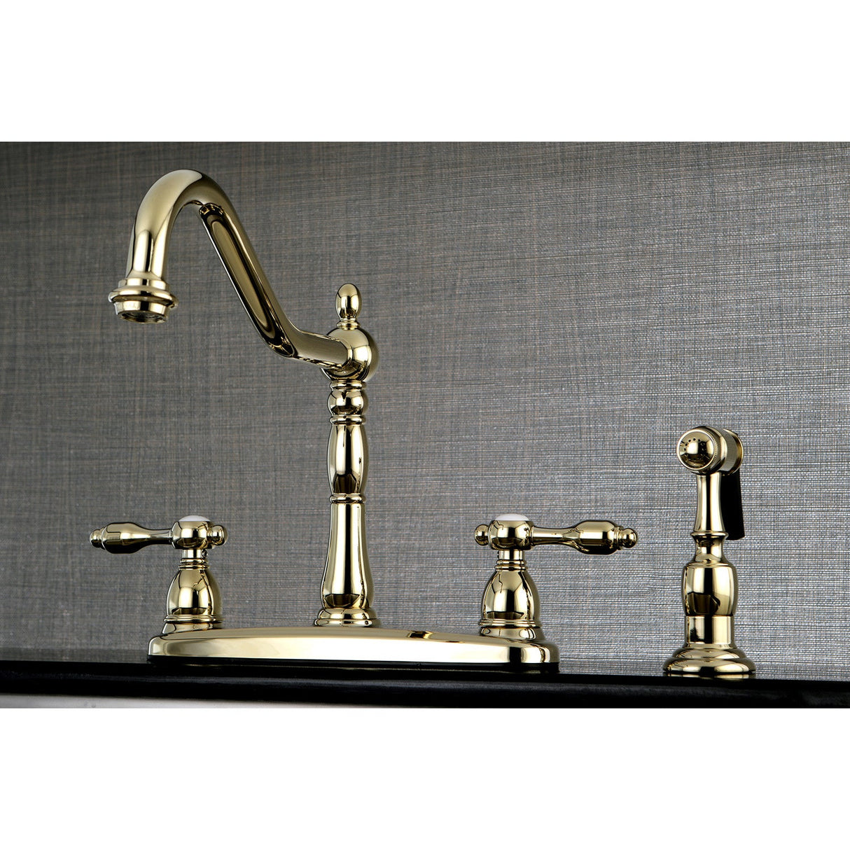 Tudor KB1752TALBS Two-Handle 4-Hole Deck Mount 8" Centerset Kitchen Faucet with Side Sprayer, Polished Brass