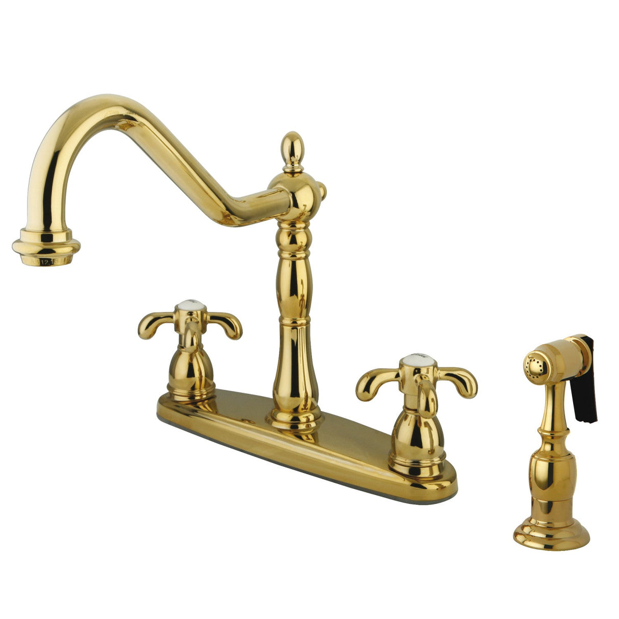 French Country KB1752TXBS Two-Handle 4-Hole Deck Mount 8" Centerset Kitchen Faucet with Side Sprayer, Polished Brass