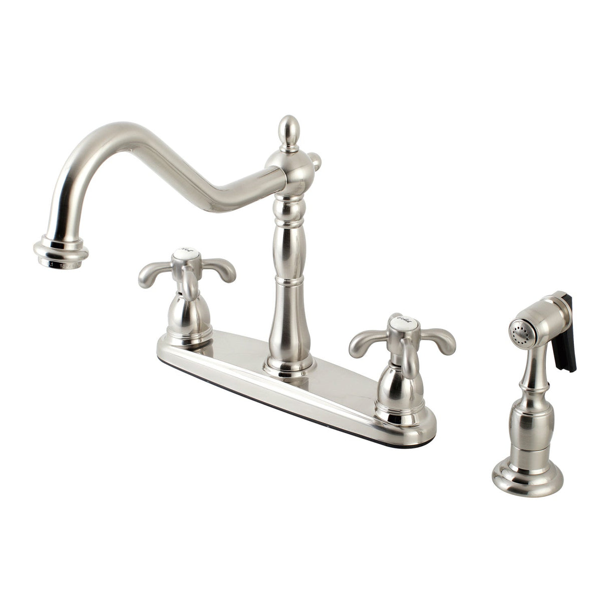 French Country KB1758TXBS Two-Handle 4-Hole Deck Mount 8" Centerset Kitchen Faucet with Side Sprayer, Brushed Nickel