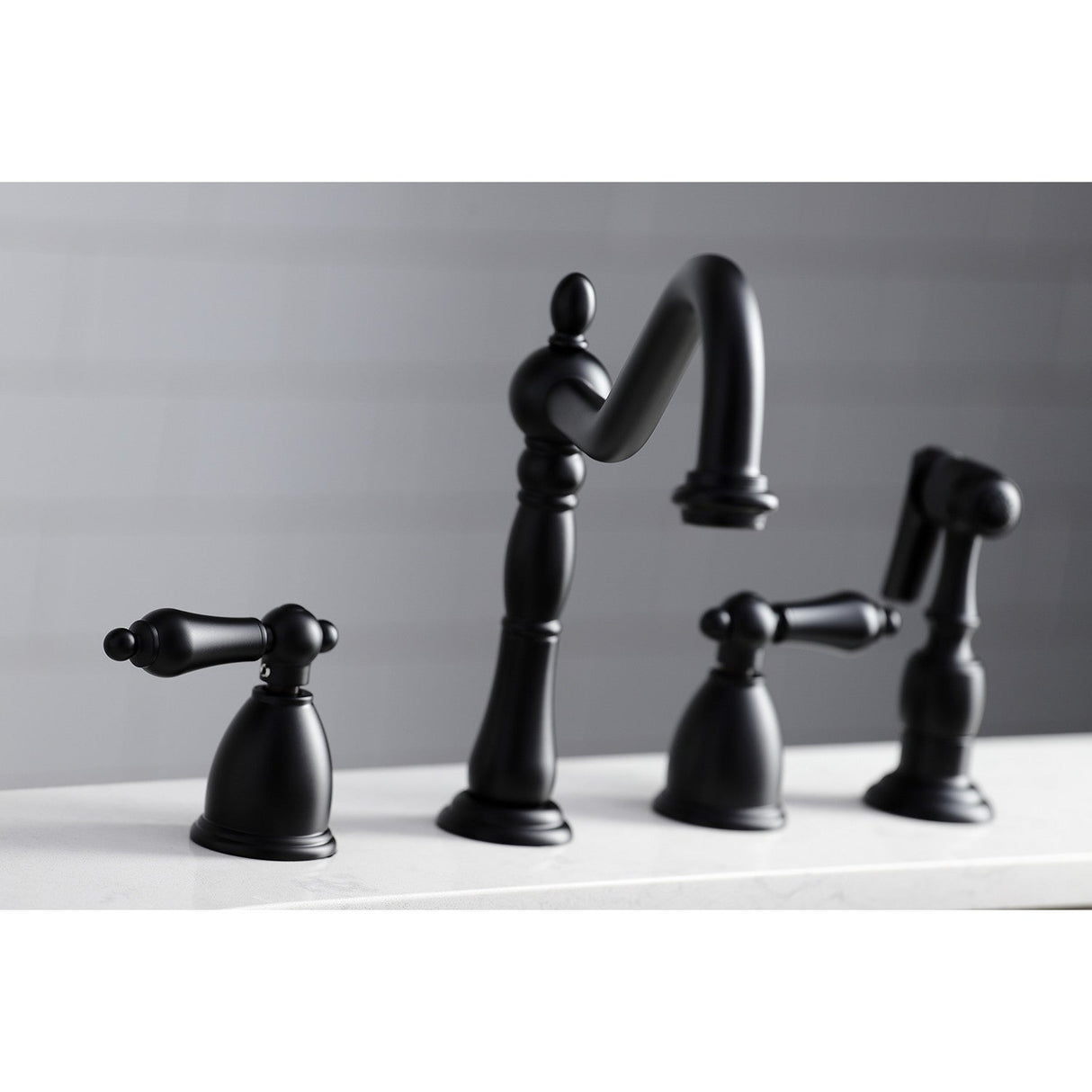 Heritage KB1790ALBS Two-Handle 4-Hole Deck Mount Widespread Kitchen Faucet with Brass Sprayer, Matte Black