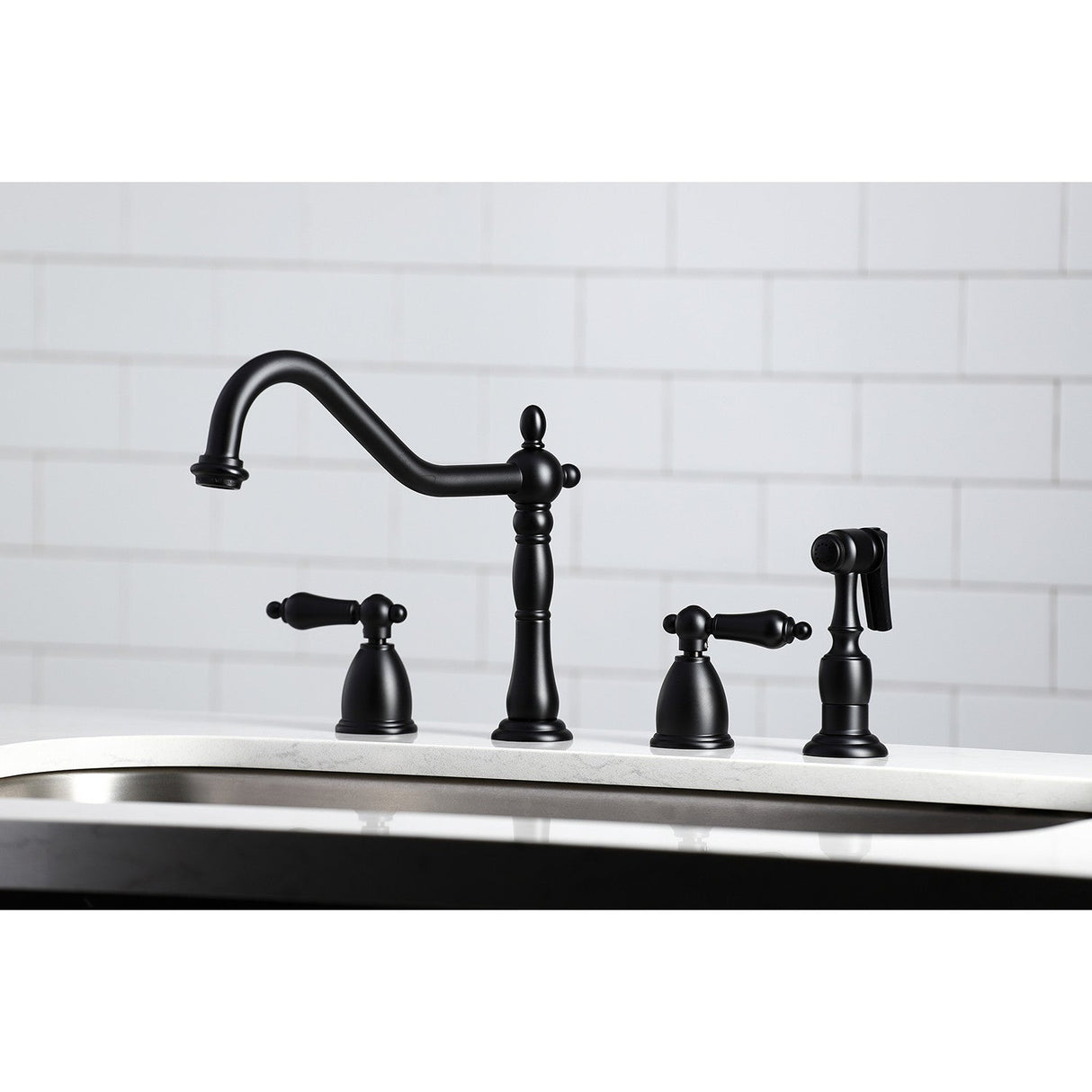 Heritage KB1790ALBS Two-Handle 4-Hole Deck Mount Widespread Kitchen Faucet with Brass Sprayer, Matte Black