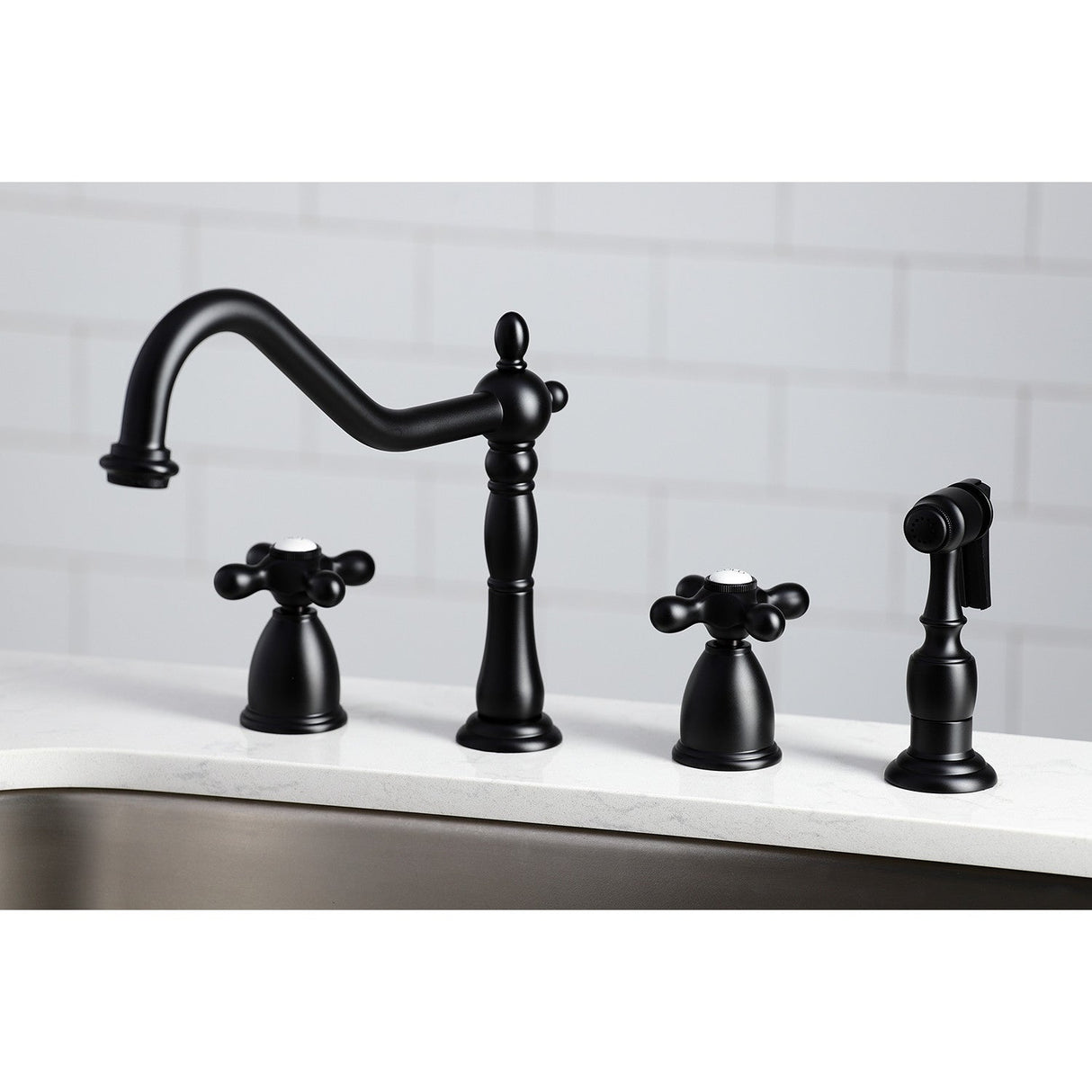Heritage KB1790AXBS Two-Handle 4-Hole Deck Mount Widespread Kitchen Faucet with Brass Sprayer, Matte Black