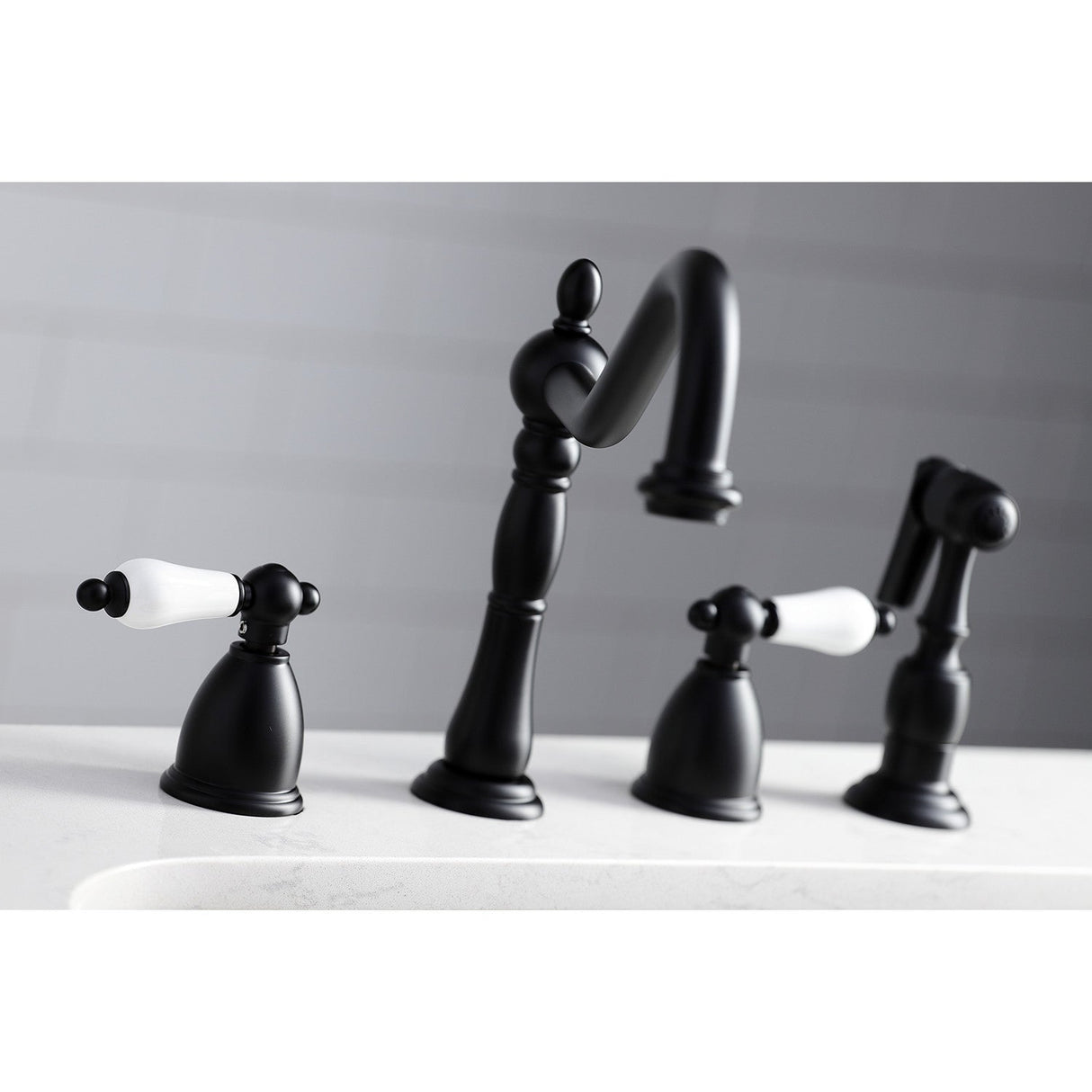 Heritage KB1790PLBS Two-Handle 4-Hole Deck Mount Widespread Kitchen Faucet with Brass Sprayer, Matte Black