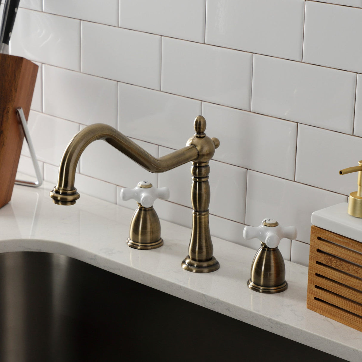 Heritage KB1793PXLS Two-Handle 3-Hole Deck Mount Widespread Kitchen Faucet, Antique Brass