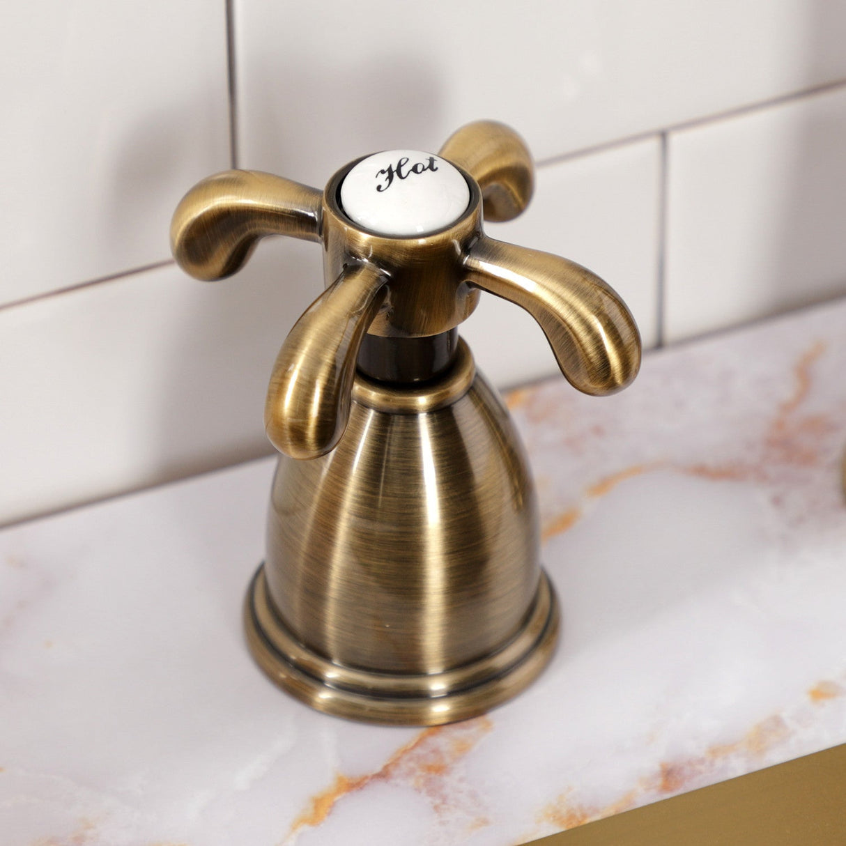 French Country KB1793TXBS Two-Handle 4-Hole Deck Mount Widespread Kitchen Faucet with Brass Sprayer, Antique Brass