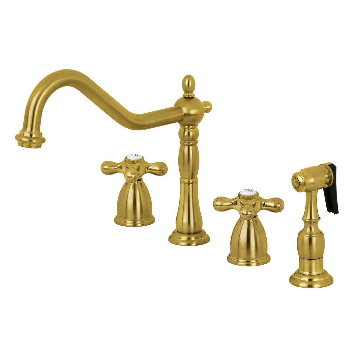 Heritage KB1797AXBS Two-Handle 4-Hole Deck Mount Widespread Kitchen Faucet with Brass Sprayer, Brushed Brass