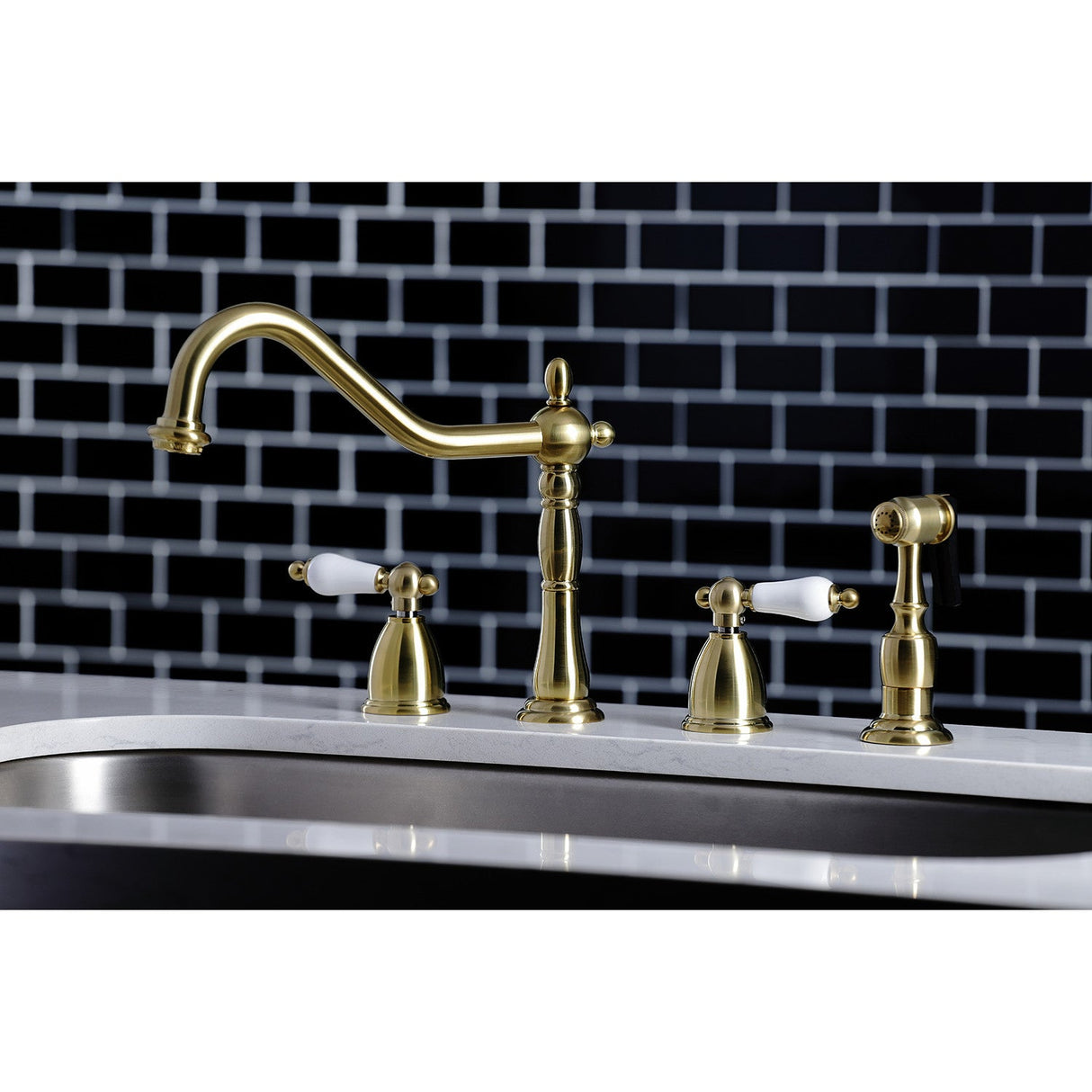 Heritage KB1797PLBS Two-Handle 4-Hole Deck Mount Widespread Kitchen Faucet with Brass Sprayer, Brushed Brass