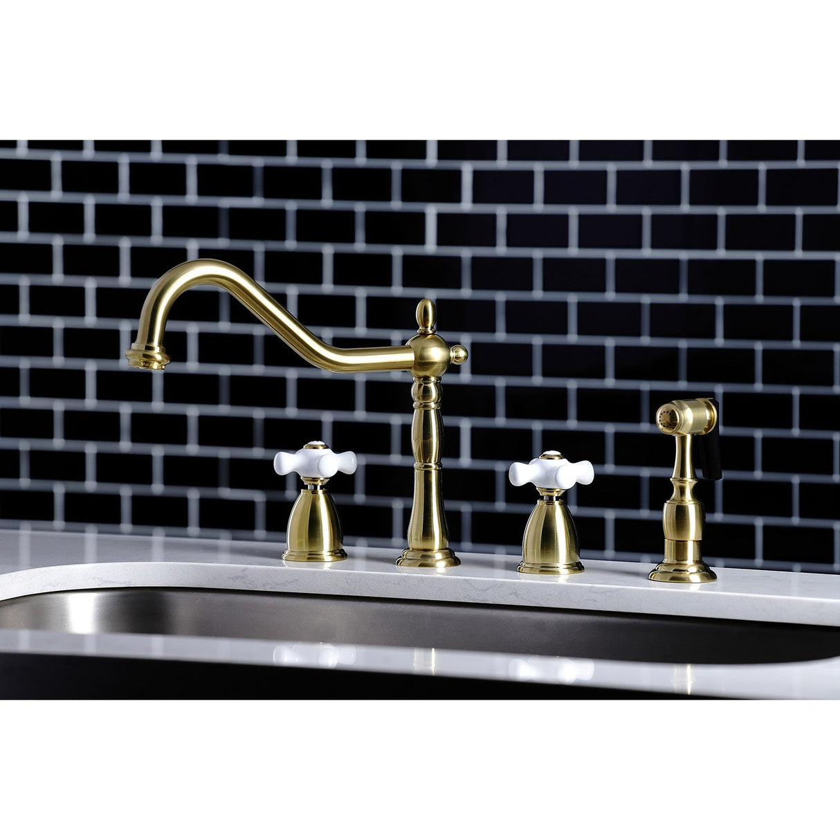 Heritage KB1797PXBS Two-Handle 4-Hole Deck Mount Widespread Kitchen Faucet with Brass Sprayer, Brushed Brass