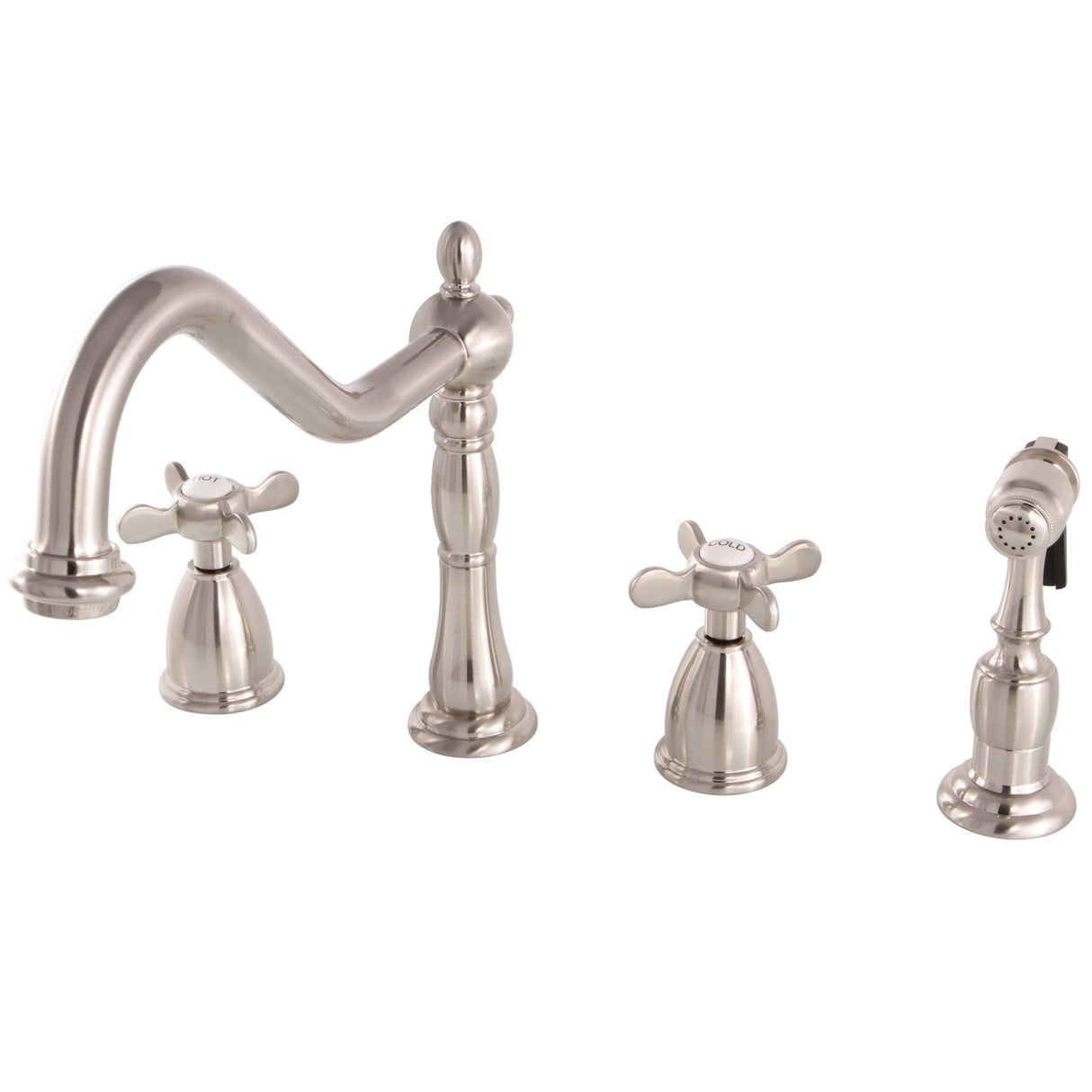 Essex KB1798BEXBS Two-Handle 4-Hole Deck Mount Widespread Kitchen Faucet with Brass Sprayer, Brushed Nickel
