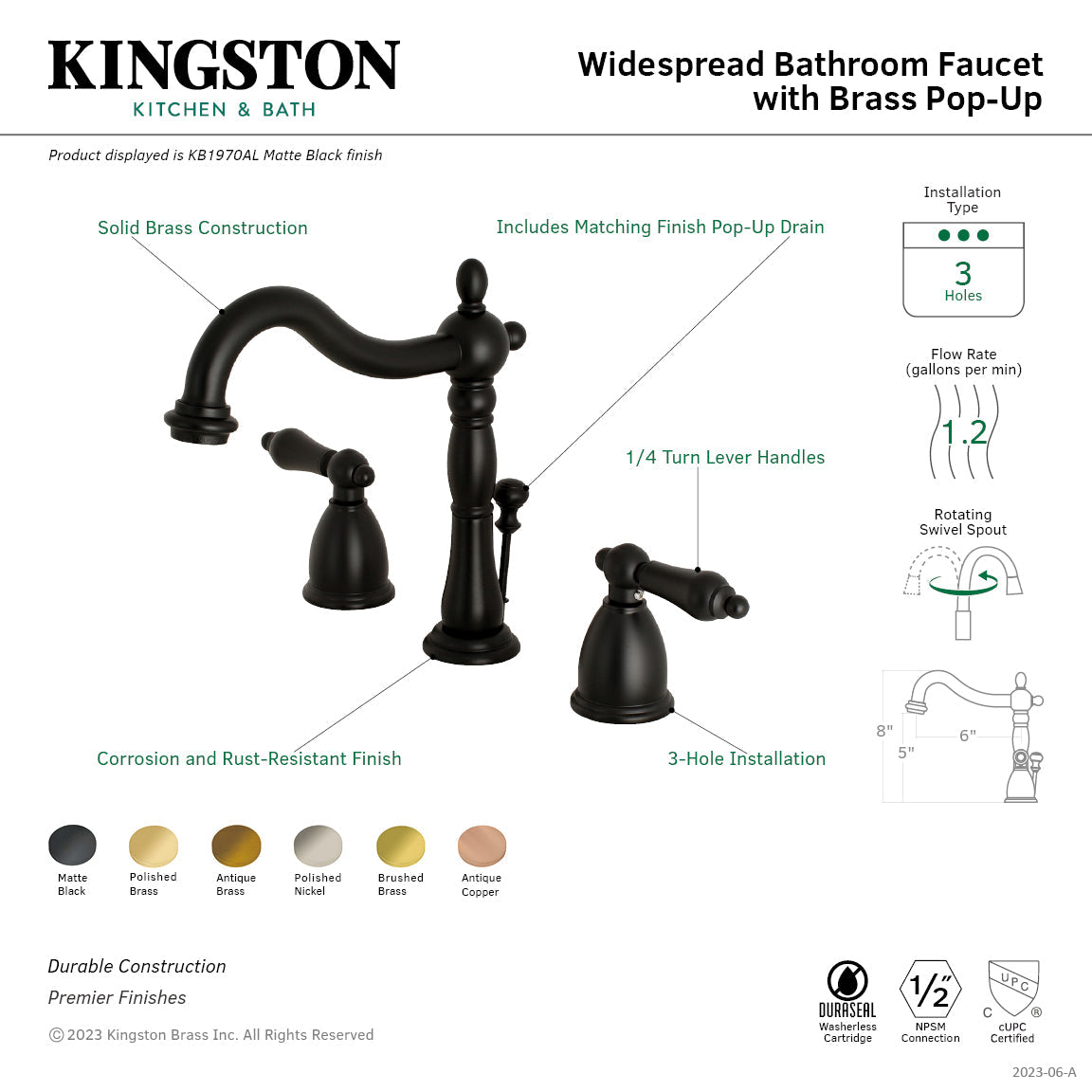 Heritage KB1970AL Two-Handle 3-Hole Deck Mount Widespread Bathroom Faucet with Brass Pop-Up, Matte Black