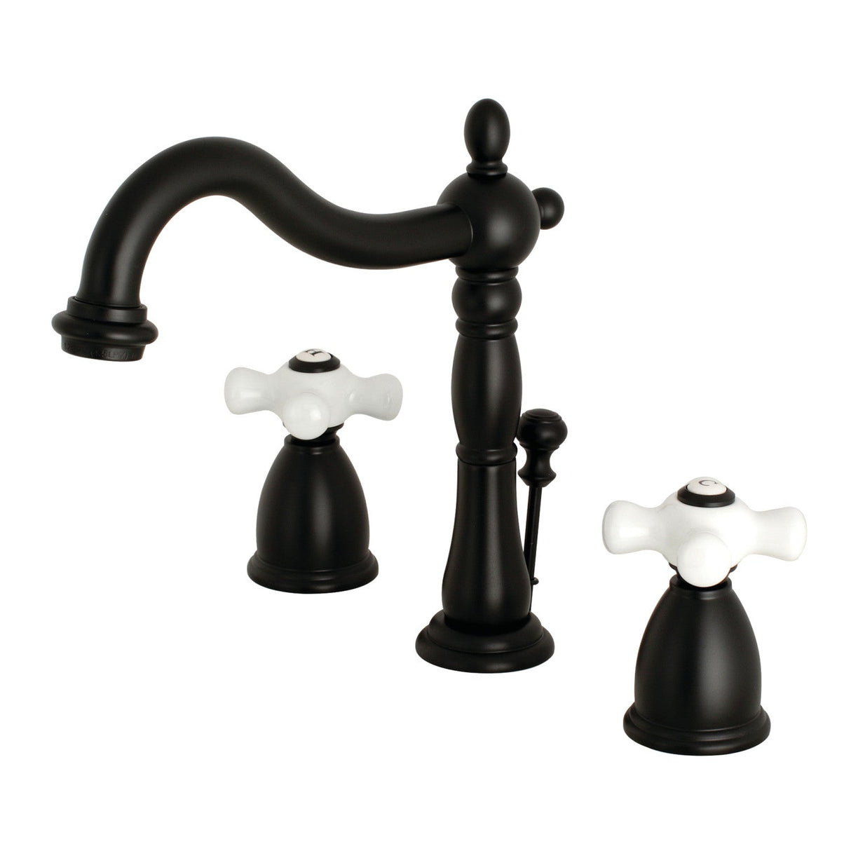 Heritage KB1970PX Two-Handle 3-Hole Deck Mount Widespread Bathroom Faucet with Brass Pop-Up, Matte Black
