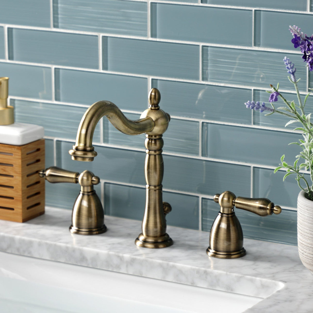 Heritage KB1973AL Two-Handle 3-Hole Deck Mount Widespread Bathroom Faucet with Brass Pop-Up, Antique Brass