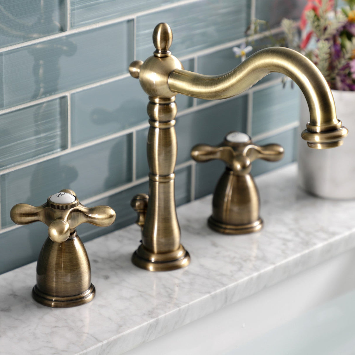 Heritage KB1973AX Two-Handle 3-Hole Deck Mount Widespread Bathroom Faucet with Brass Pop-Up, Antique Brass