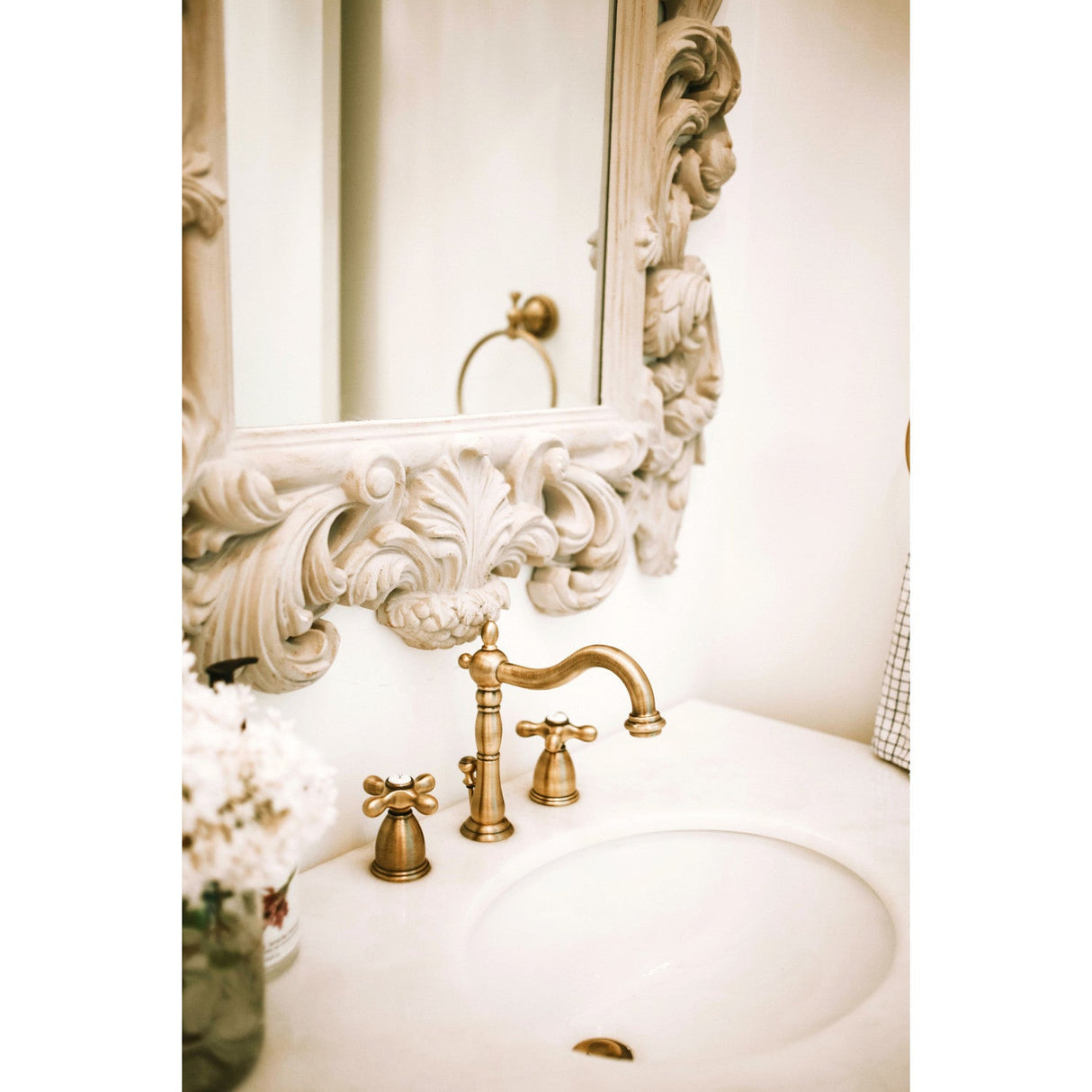 Heritage KB1973AX Two-Handle 3-Hole Deck Mount Widespread Bathroom Faucet with Brass Pop-Up, Antique Brass