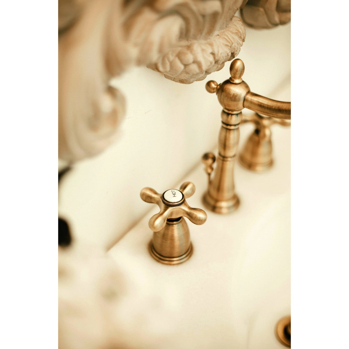 Heritage KB1973AX Two-Handle 3-Hole Deck Mount Widespread Bathroom Faucet with Brass Pop-Up, Antique Brass