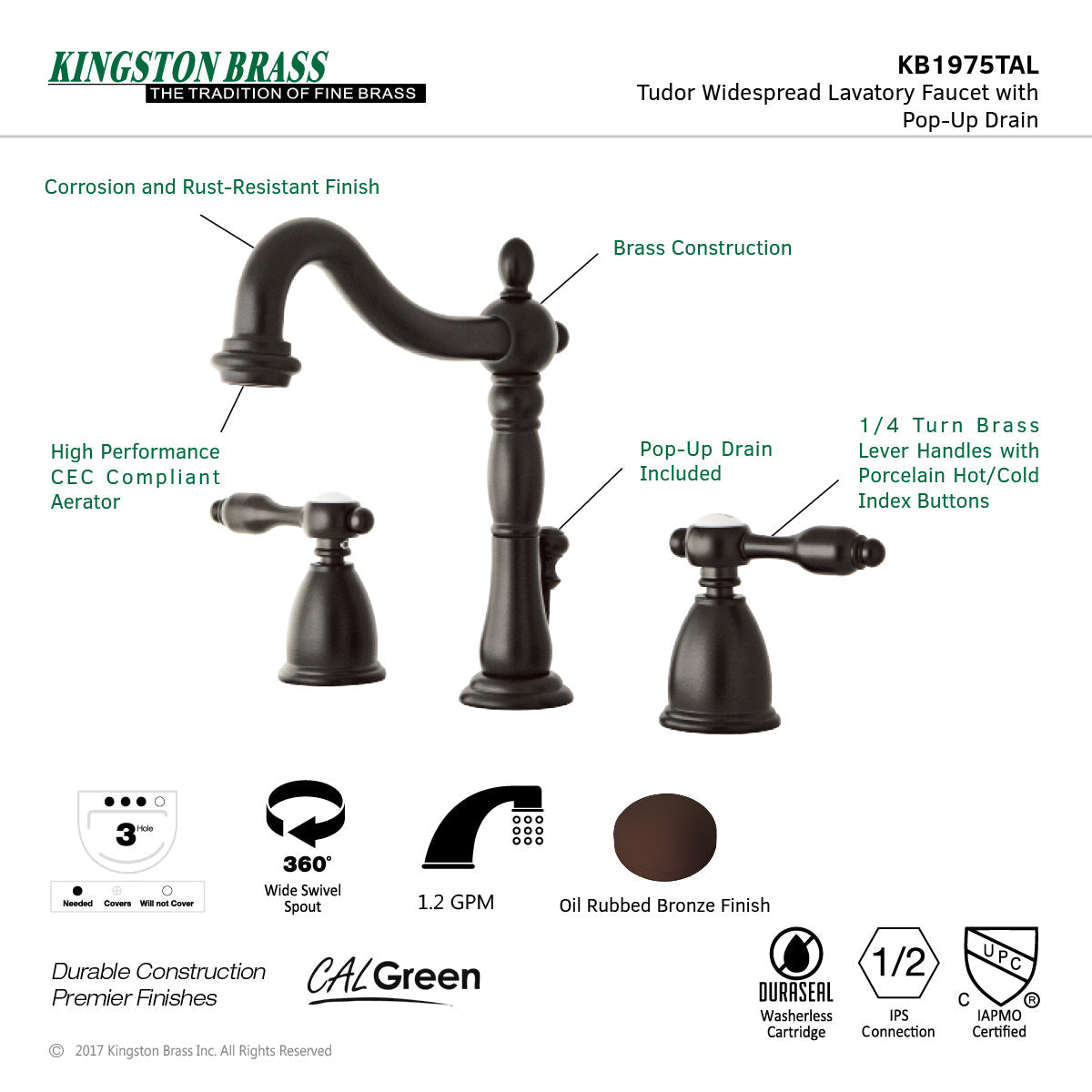 Tudor KB1975TAL Two-Handle 3-Hole Deck Mount Widespread Bathroom Faucet with Plastic Pop-Up, Oil Rubbed Bronze