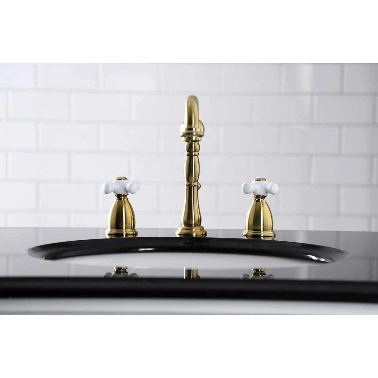Heritage KB1977PX Two-Handle 3-Hole Deck Mount Widespread Bathroom Faucet with Brass Pop-Up, Brushed Brass