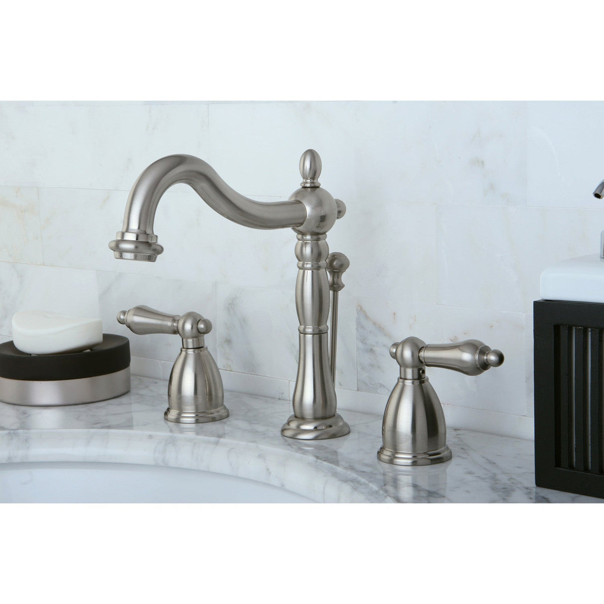Heritage KB1978AL Two-Handle 3-Hole Deck Mount Widespread Bathroom Faucet with Plastic Pop-Up, Brushed Nickel