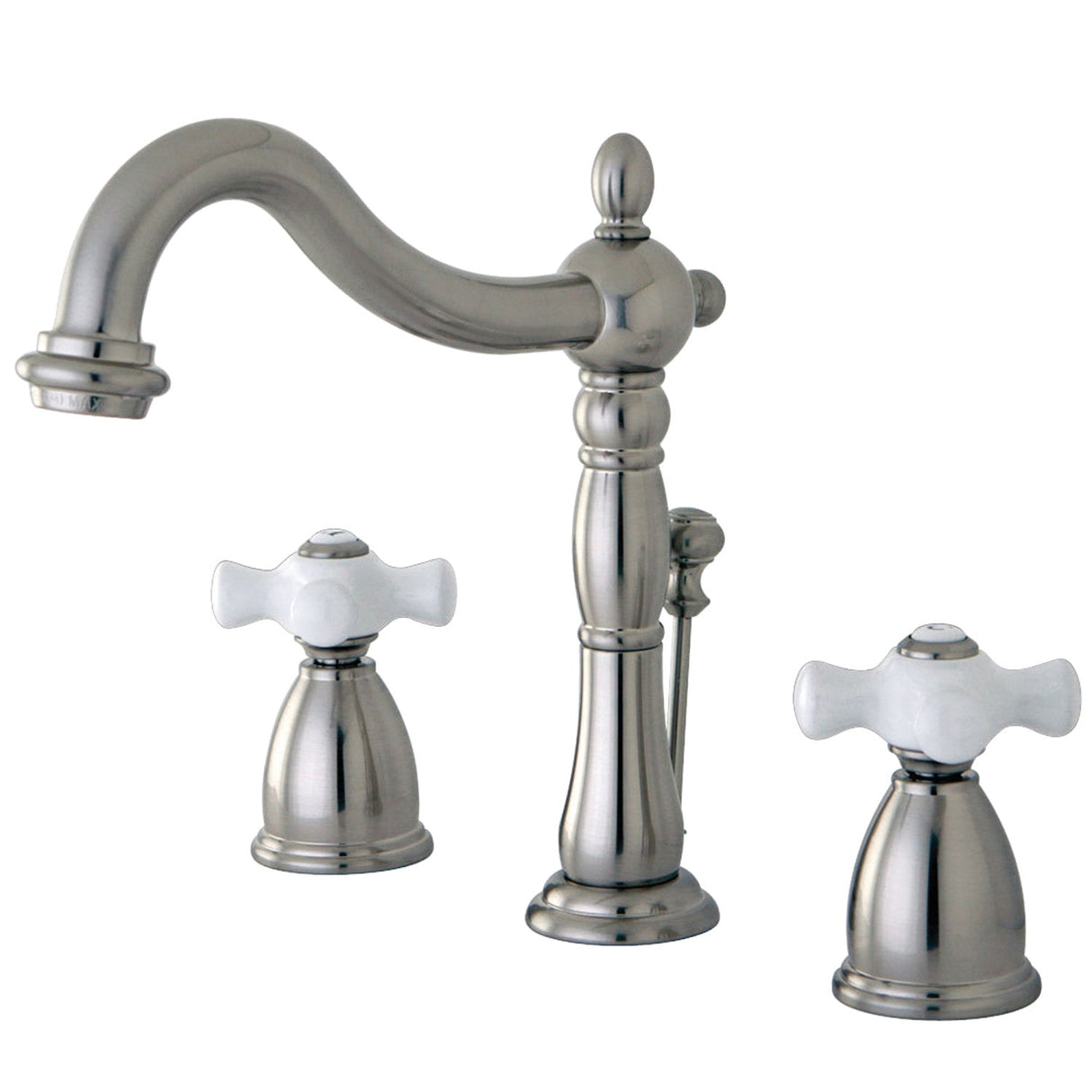 Heritage KB1978PX Two-Handle 3-Hole Deck Mount Widespread Bathroom Faucet with Plastic Pop-Up, Brushed Nickel