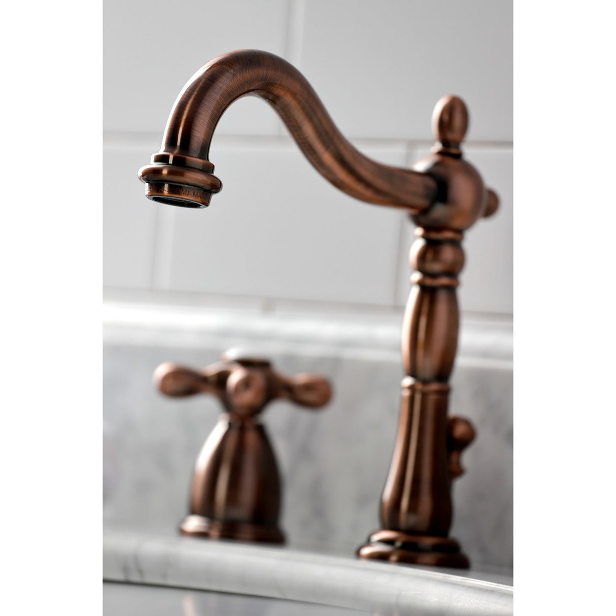 Heritage KB197AXAC Two-Handle 3-Hole Deck Mount Widespread Bathroom Faucet with Brass Pop-Up, Antique Copper