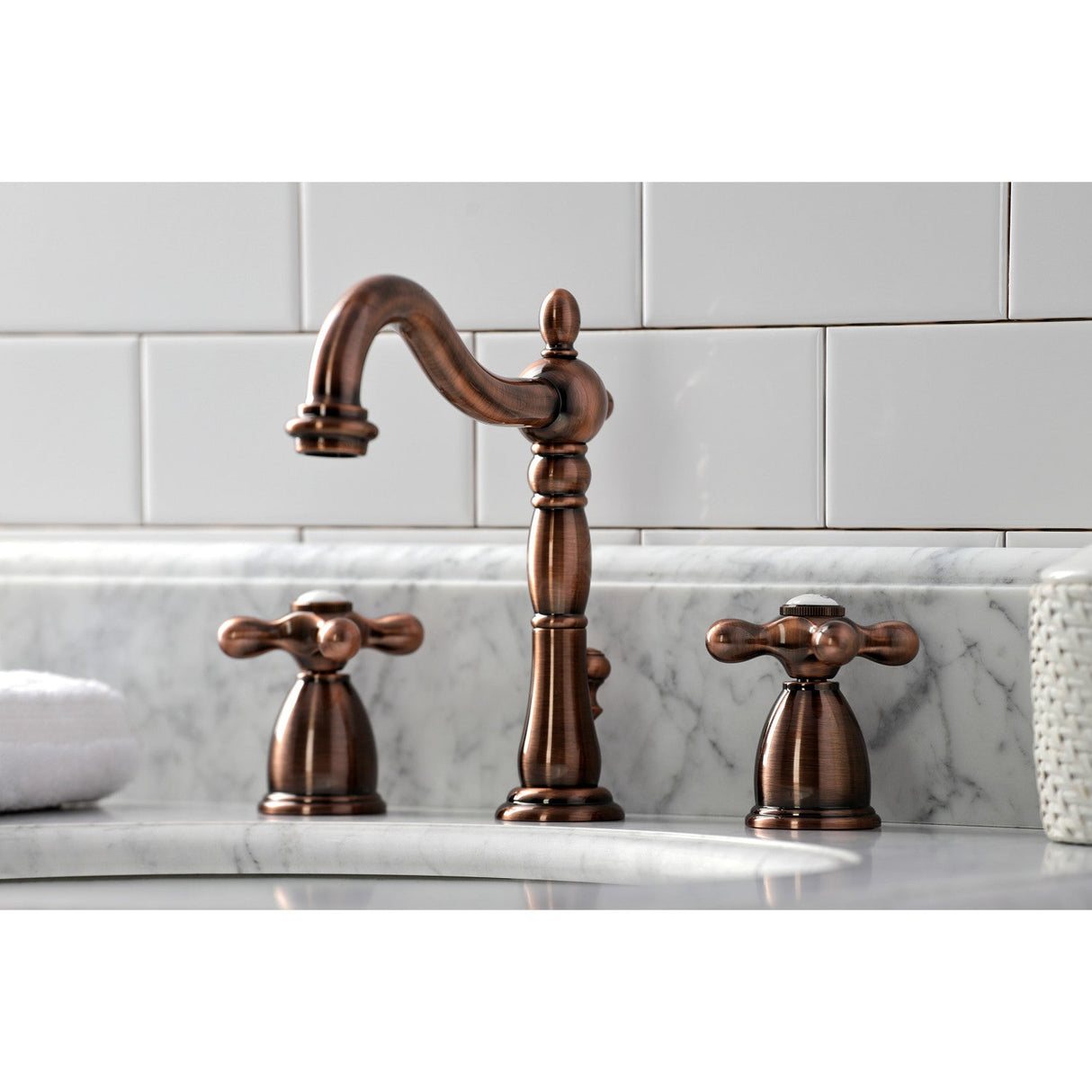 Heritage KB197AXAC Two-Handle 3-Hole Deck Mount Widespread Bathroom Faucet with Brass Pop-Up, Antique Copper
