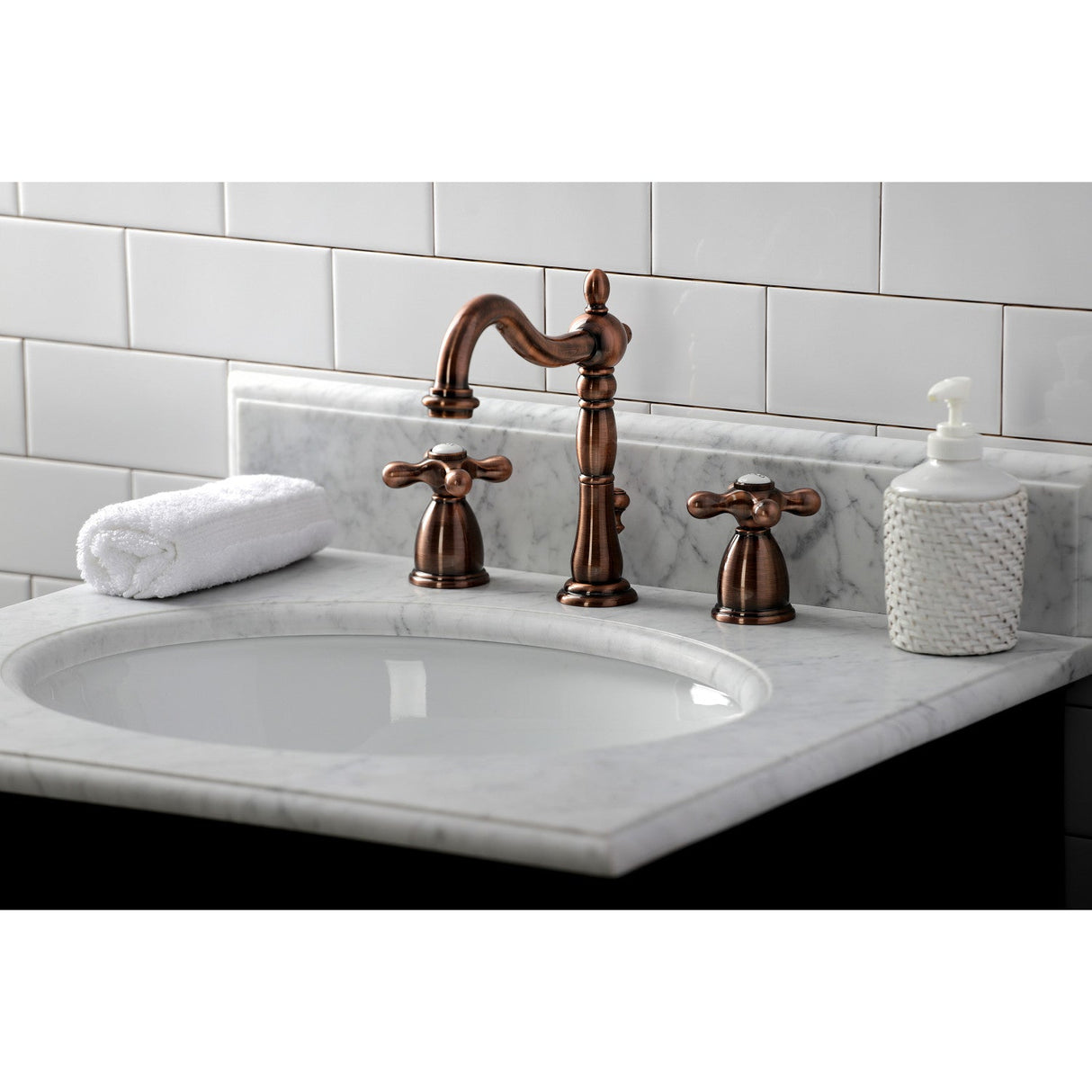 Heritage KB197AXAC Two-Handle 3-Hole Deck Mount Widespread Bathroom Faucet with Brass Pop-Up, Antique Copper