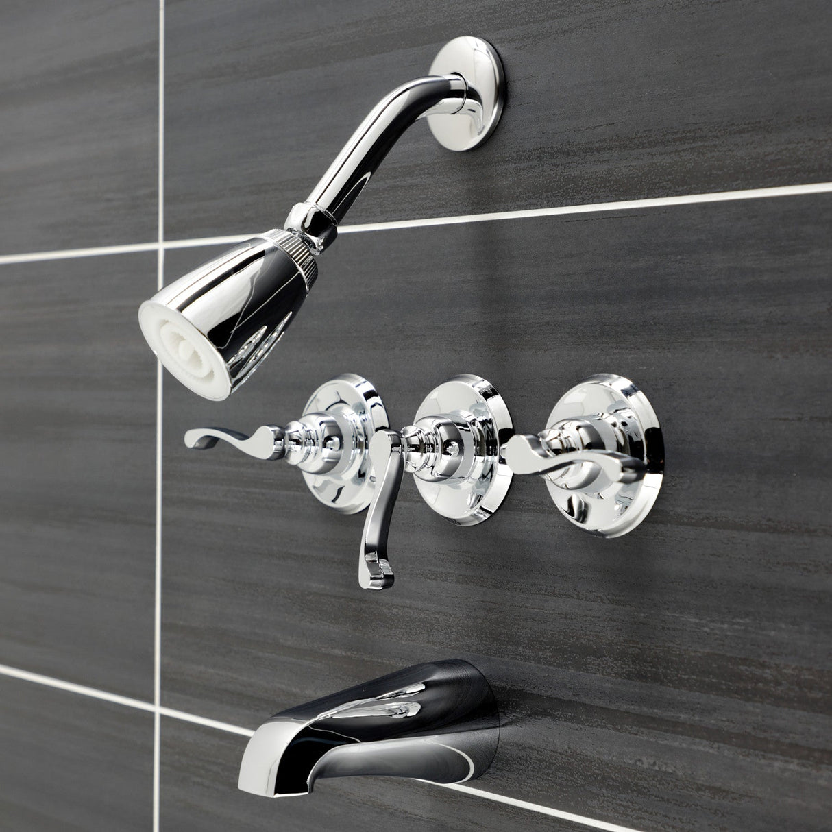 Royal KB231FL Three-Handle 5-Hole Wall Mount Tub and Shower Faucet, Polished Chrome