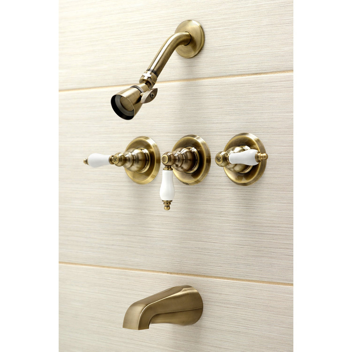 Victorian KB233PLAB Three-Handle 5-Hole Wall Mount Tub and Shower Faucet, Antique Brass