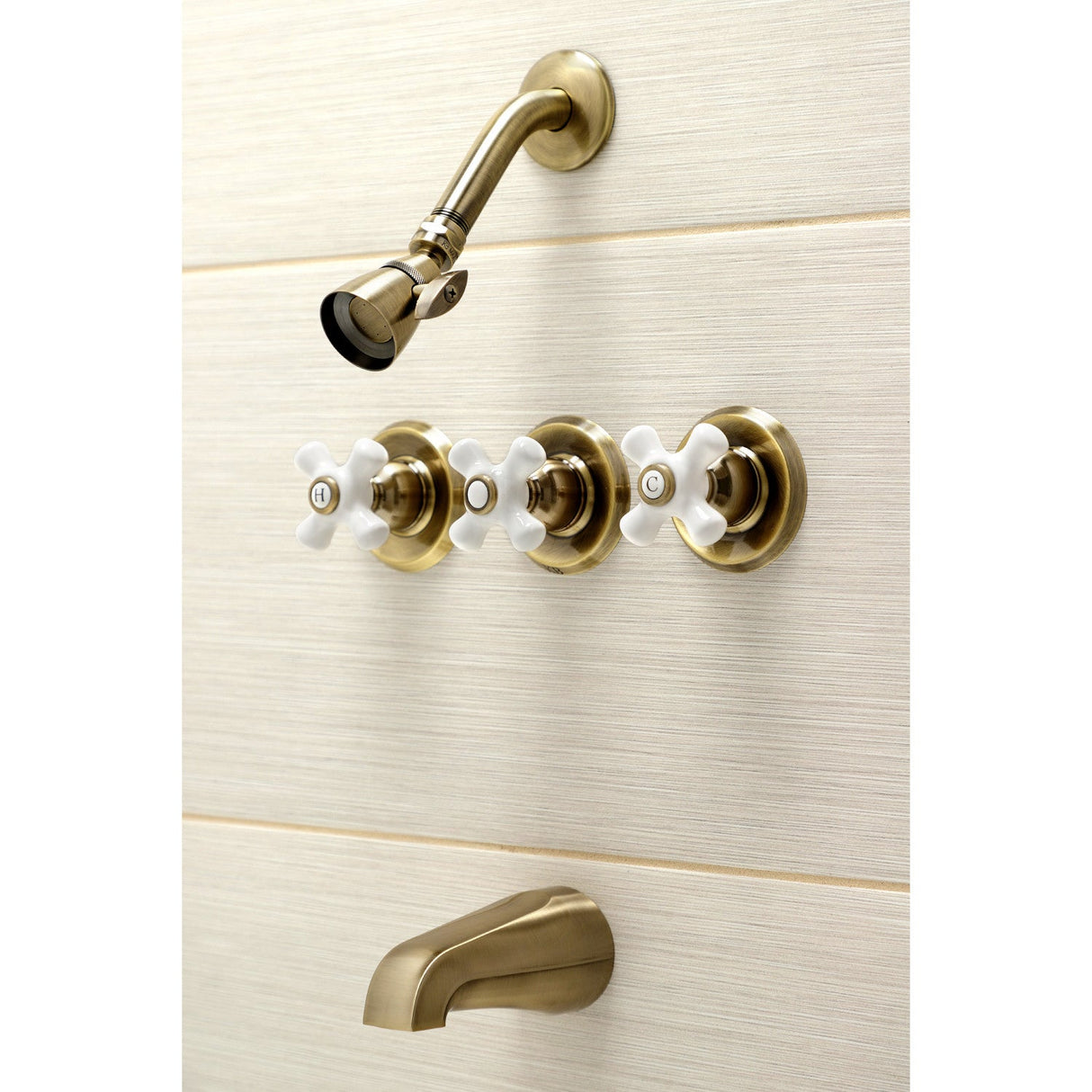 Victorian KB233PXAB Three-Handle 5-Hole Wall Mount Tub and Shower Faucet, Antique Brass