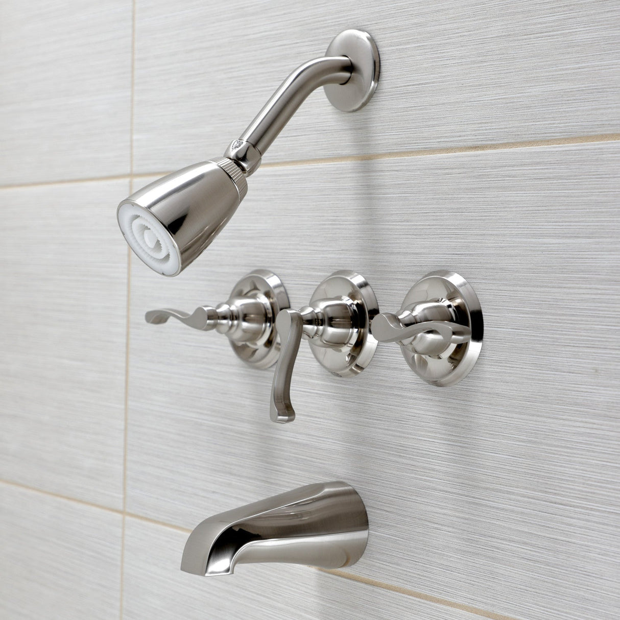 Royal KB238FL Three-Handle 5-Hole Wall Mount Tub and Shower Faucet, Brushed Nickel